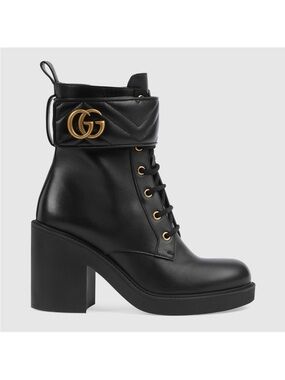 NIB Gucci Black Leather Lace-Up Block Heel Ankle Boot with Gold GG Strap
